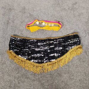 Women's Dance Belt Black Sequins Gold Fringes And Pink Gold Coin Sequins Arm Tie